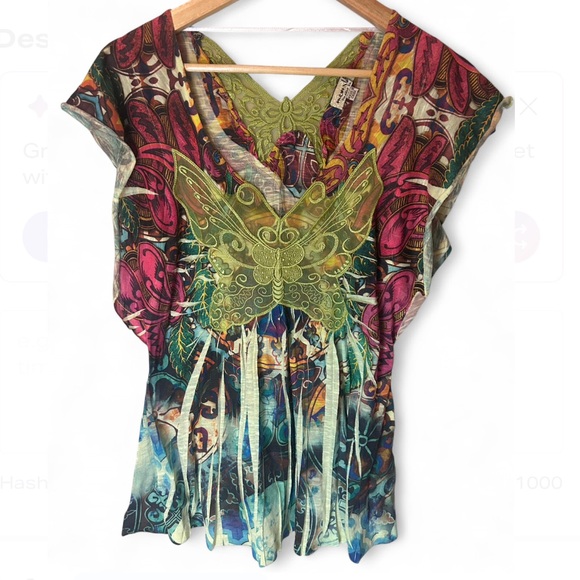 ONE WORLD Tops - One World Y2K Multi Colored Abstract Butterfly V-Neck Top Size S